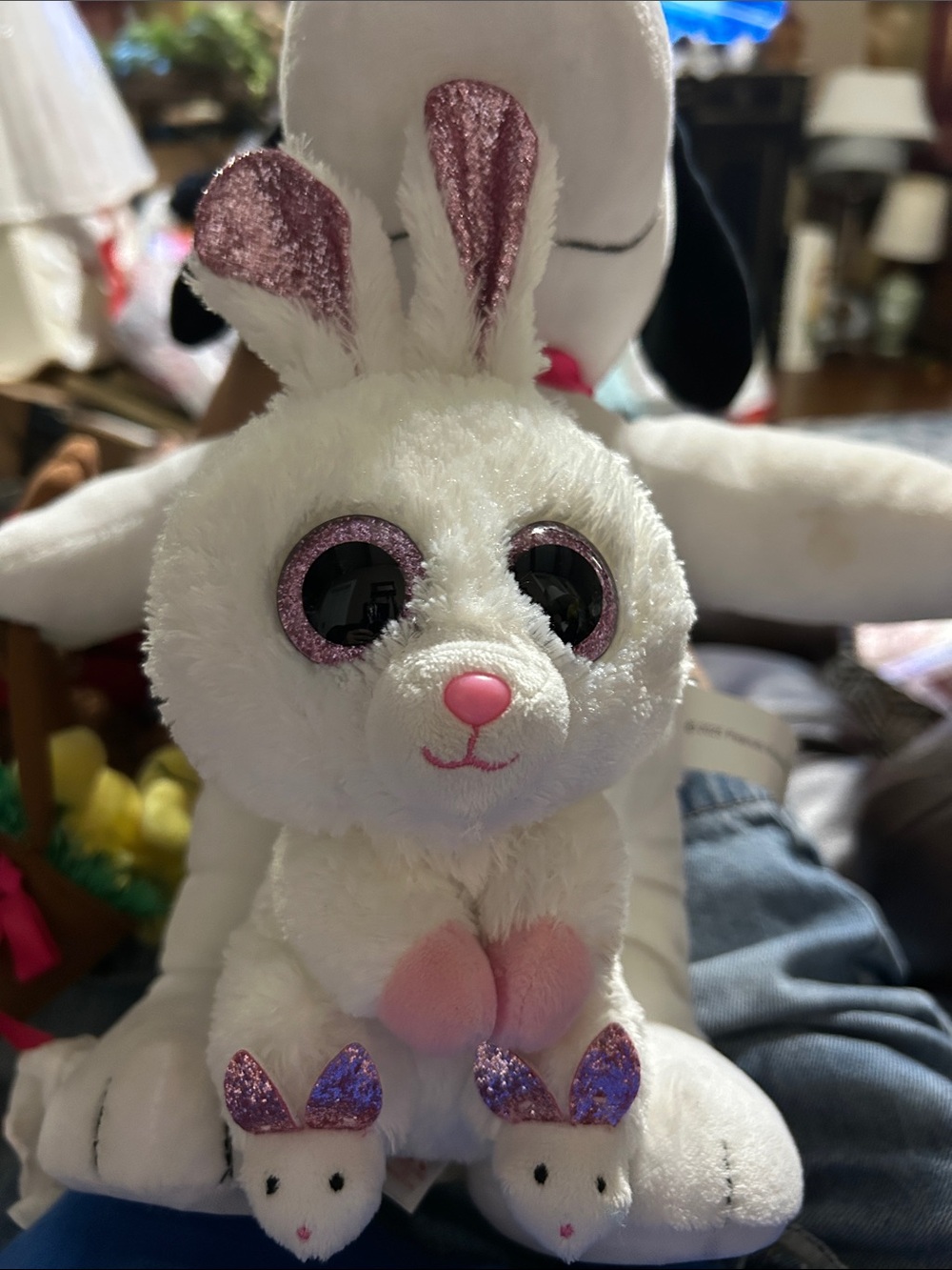 TY Bunny Boo Plush White Bunny with Pink Shiny Ears EUC